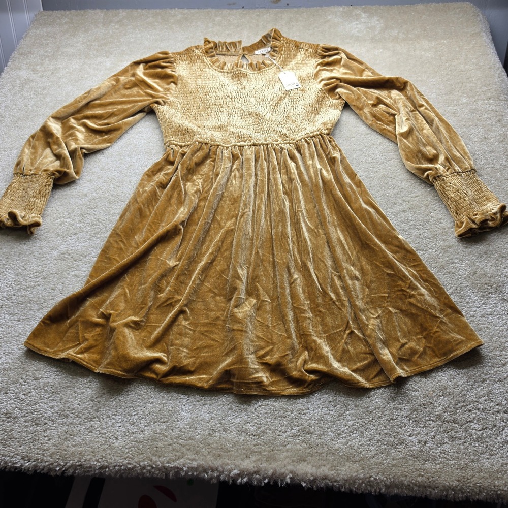 JODIFL Gold Velvet Smocked Mini Dress Ruffle Neck Long Balloon Sleeve Large NWT